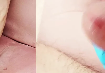 Blue Latex Glove Hand Hard Jerking off Huge Mushroom Head Cock with Cumshot