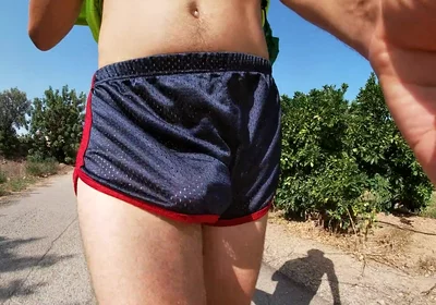 So Hot! Running with My Erect Cock Out Wearing Shiny See Thru Cock Sport Shorts