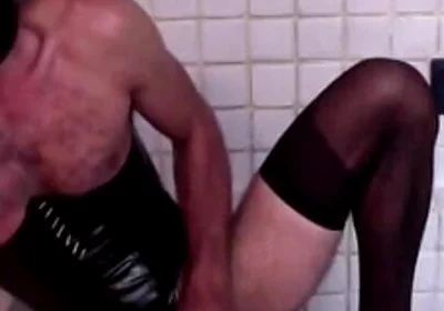 Latex Masked Sissy in Pvc Corset Cums Hard on Stockings and Heels