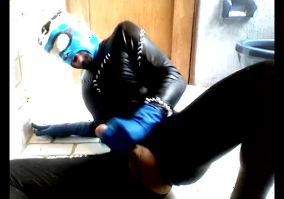 Blue Hornet in Spandex Catsuit Cums on Blue Latex Gloes and Mask