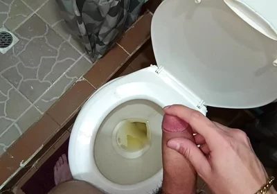 Two Shots of Cum on the Pee in the Bathroom