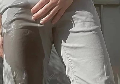 Jules Wets His Grey Pants and Exposes His Semi-hard Cock Through His Trousers