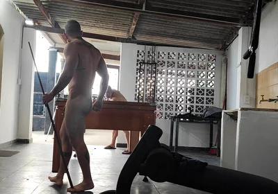 Camera Films Straight Players Playing Pool and Naked