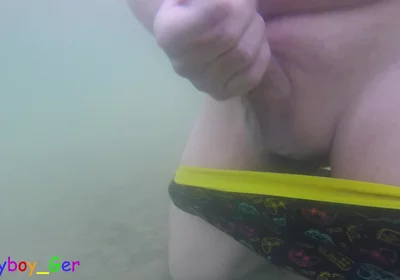 In a Beautiful Mountain Lake, I Jerk off Underwater My Cock, but It Was Too Cold to Cum, so the Finale Place on Land.