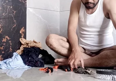 Desi young boy enjoy washing father's underwear