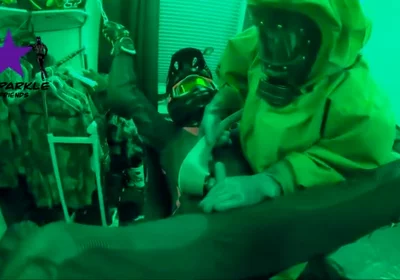 Hazmat gear boys fucking biker in sling
