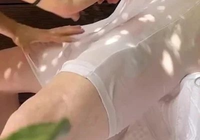 A Boy Has Fun Watering His Friend's White T-shirt and Exposing His Smooth Ass and Big Cut Cock