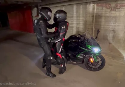 Biker gear gloved leather suit cuming