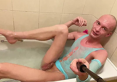 Fully Shaved Skinny Bald Femboy Takes Bath In Feminine Clothing