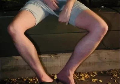 Amateur Twink in Adilette Sandals Wets Himself in the Garden and Takes His Cock Out