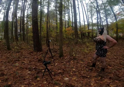 Giant Fake Tits Crossdresser Walk in the Woods Behind the Scenes Photo Shoot