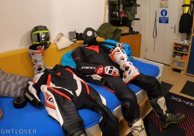 Wanking in biker suit cum