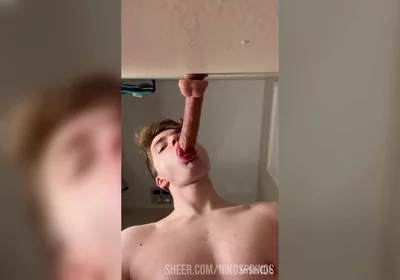 Cock Hungry Twink Slobbers on Giant Dildo!