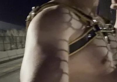 Midnight Muscle Tease: Asian Hunk Flexes Ass & Biceps in Yellow Harness on Highway Bridge
