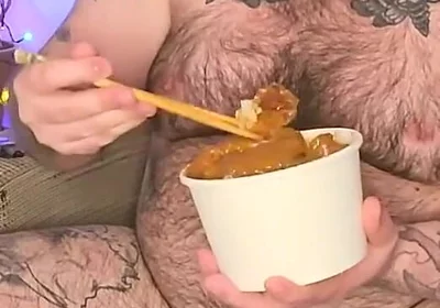 Stepdaddy Stuffs His Face with a Takeaway and Enjoys It so Much He Wanks with the Sauces!