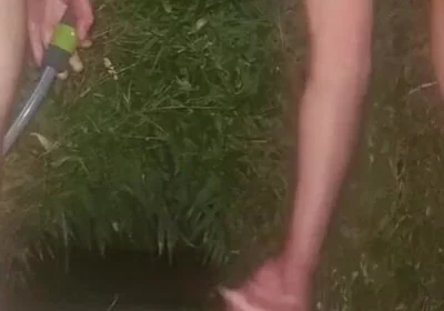 Clean Pressure Enema with Ass Lips and Pissing - Outdoor Garden Hose Anal