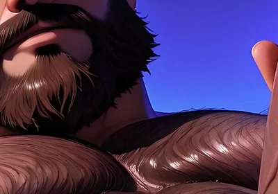Thick Hairy Bear Stroking Himself Sensually. Man Bun and Massive Body