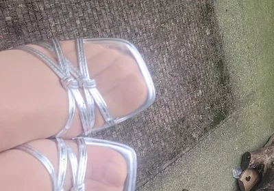 Outside with Silver Heels Cumming on Heels and Feet