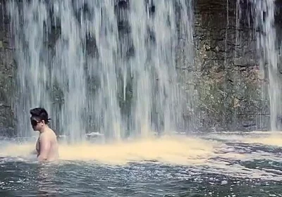 Muscular Asian Hunk Flexes in Speedo by Waterfall - Tight Ass & Hole Tease, Strips Naked & Explodes with Massive Cumshot