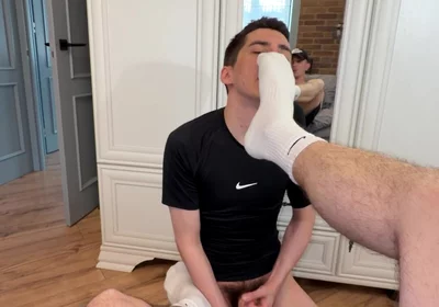 Sniffs Sneakers and Socks, Licks Feet and Gets Dick in the Ass