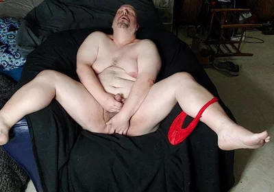 Chubby Guy Jerks off Wearing Lace Thong