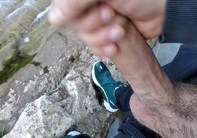 Handsome Gives Perfect Cumshot From Nice Big Hard Cock Spit in Front of River Waterfall