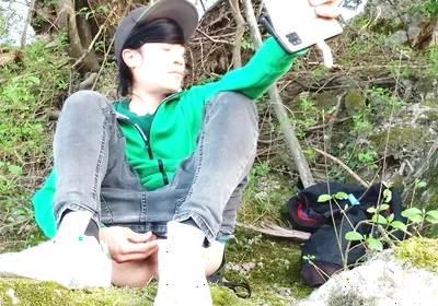 Risky Masturbation Outdoors a Man's Voice Caught This Cute Gay Twink with His Balls Hanging Out, Jerking off His Uncut Foreskin