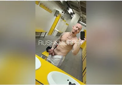 He Masturbates His Huge Cock In The Gym Showers While Muscular Straight Man Spies On Him