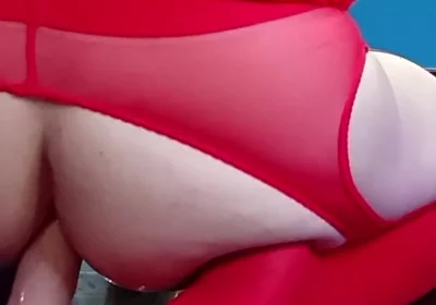 In a Red Bodysuit on the Floor. Inside While Cumming on Her Belly