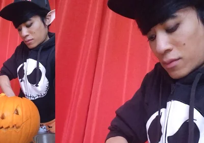 Sfw Jon Arteen Cute Twink Emo Femboy Carves a Halloween Pumpkin in His Underwear Jack-o'-lantern