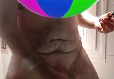 Handsome Mature Chubby with Big Fat Cock Shaving My Cock and Eggs in the Shower in Close-up