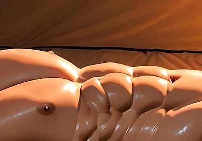 Roided Asian Hunk Lying in Luxury Tent Under Stars at Sunrise