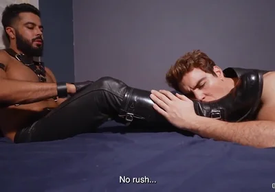 Leather master boots and feet licking cum load
