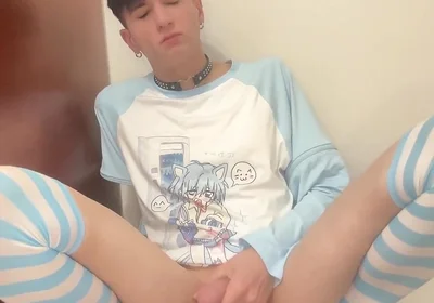 Blue Femboy Having Fun with New Toy
