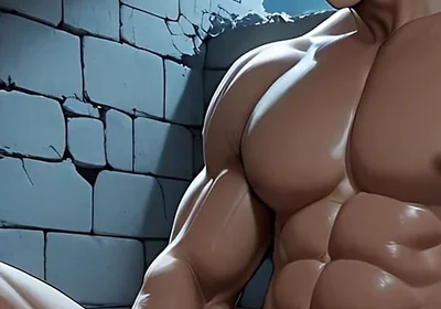 East Asian Handsome Boy Jerking in Library Toilet Under Moonlight Ruins